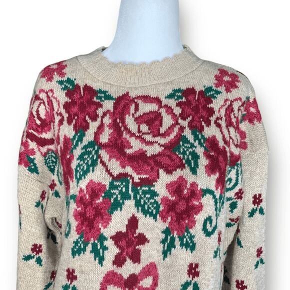 Vintage 90s Sweater Tan Burgundy Floral Bow Knit Design Scalloped Neck Coquette - Picture 5 of 10